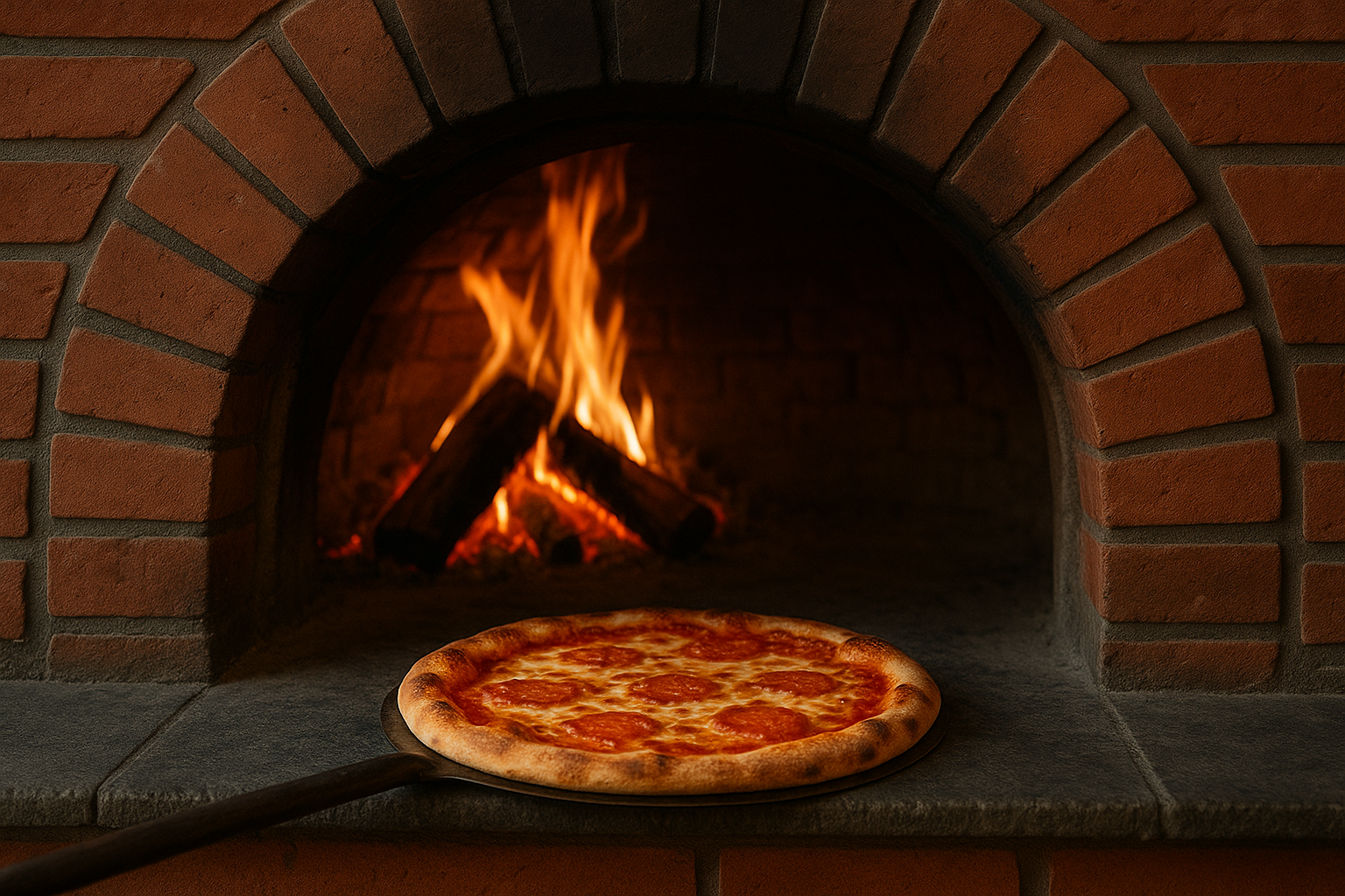 Imagem ilustrativa de forno a lenha com uma pizza sendo retirada de dentro do forno.