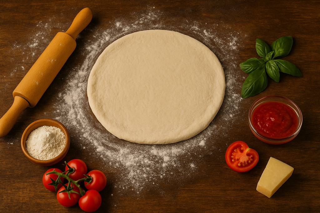 Imagem ilustrativa de massa de pizza em cima de uma mesa com farinha de trigo, tomate, molho e utensílios de cozinha.